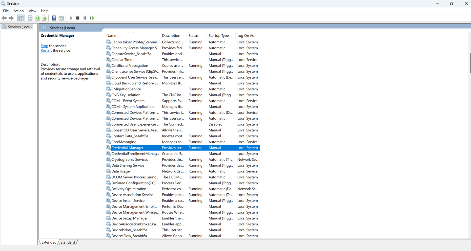 The Credential Manager service properties window in Windows.