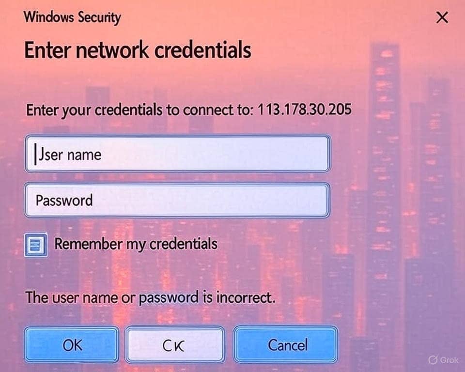 A graphic showing a user frustrated with a Windows network password prompt.